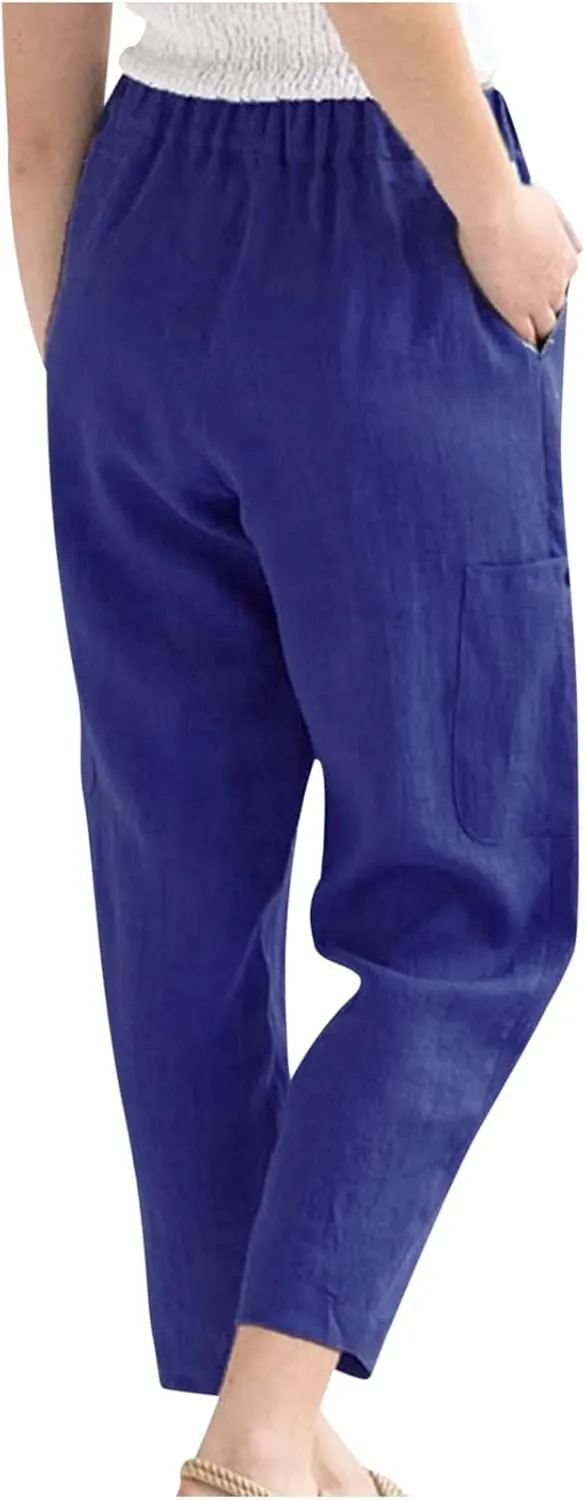 Casual Pants for Women Summer Lightweight Cotton Linen Pants Elastic High Waist Comfy Trousers with Pockets
