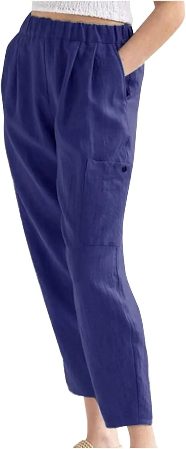 Casual Pants for Women Summer Lightweight Cotton Linen Pants Elastic High Waist Comfy Trousers with Pockets