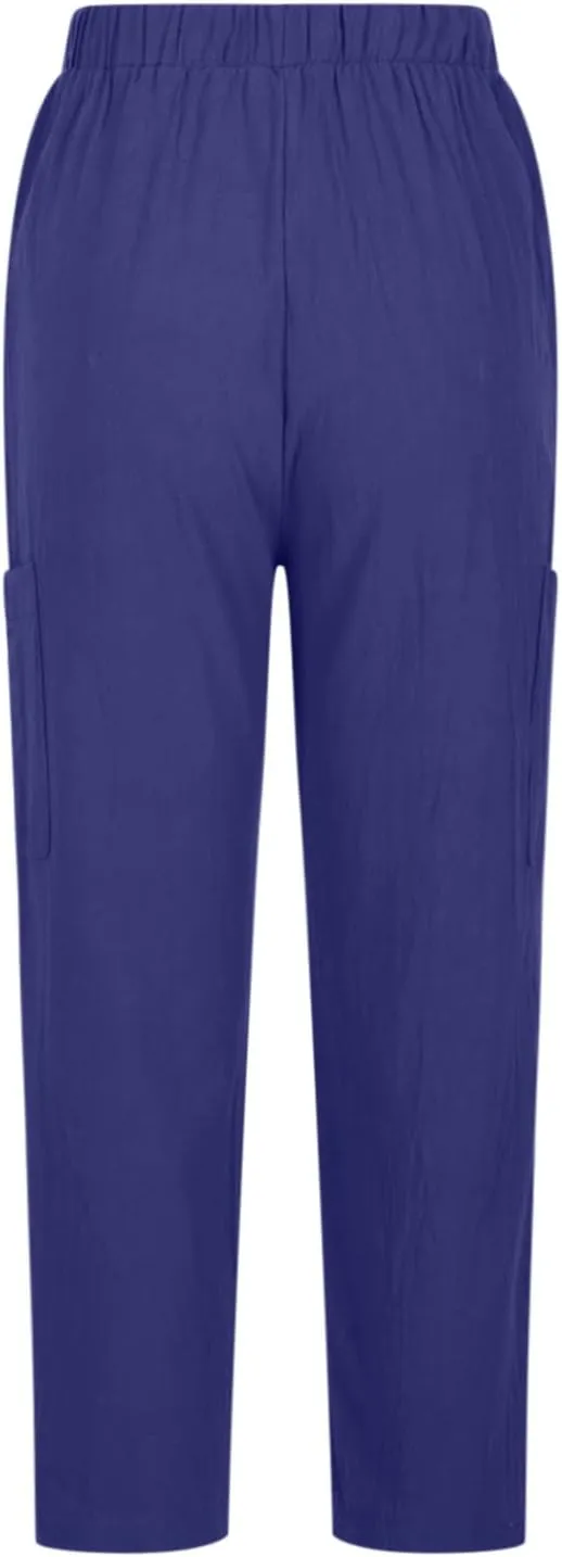 Casual Pants for Women Summer Lightweight Cotton Linen Pants Elastic High Waist Comfy Trousers with Pockets