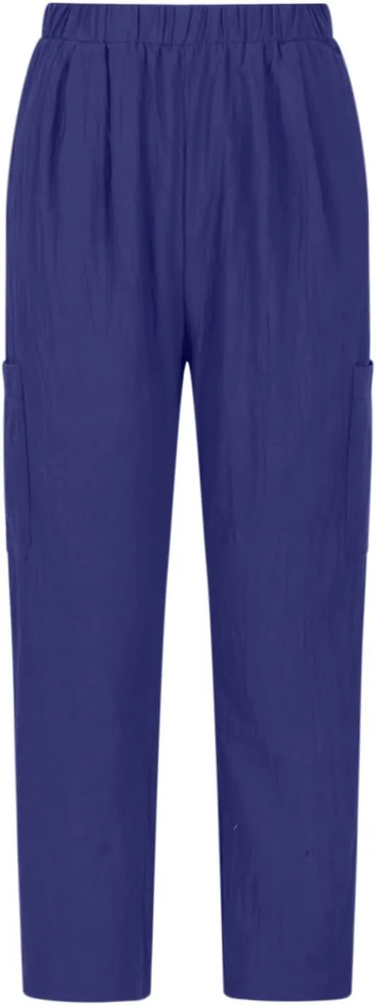 Casual Pants for Women Summer Lightweight Cotton Linen Pants Elastic High Waist Comfy Trousers with Pockets
