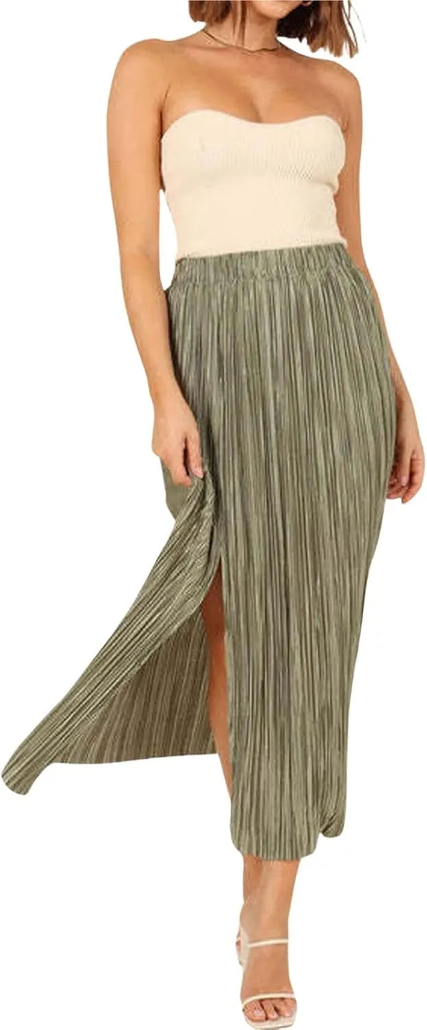 CHARTOU Casual High Waist A Line Long Pleated Skirt for Women Midi Length Side Slit Ruffle Flowy Pencil Skirt