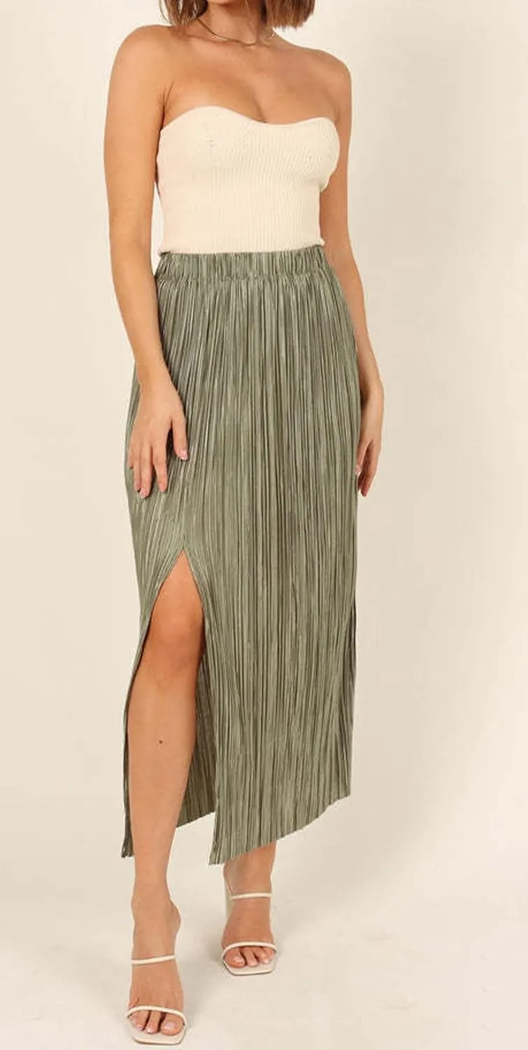 CHARTOU Casual High Waist A Line Long Pleated Skirt for Women Midi Length Side Slit Ruffle Flowy Pencil Skirt