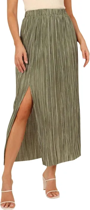 CHARTOU Casual High Waist A Line Long Pleated Skirt for Women Midi Length Side Slit Ruffle Flowy Pencil Skirt