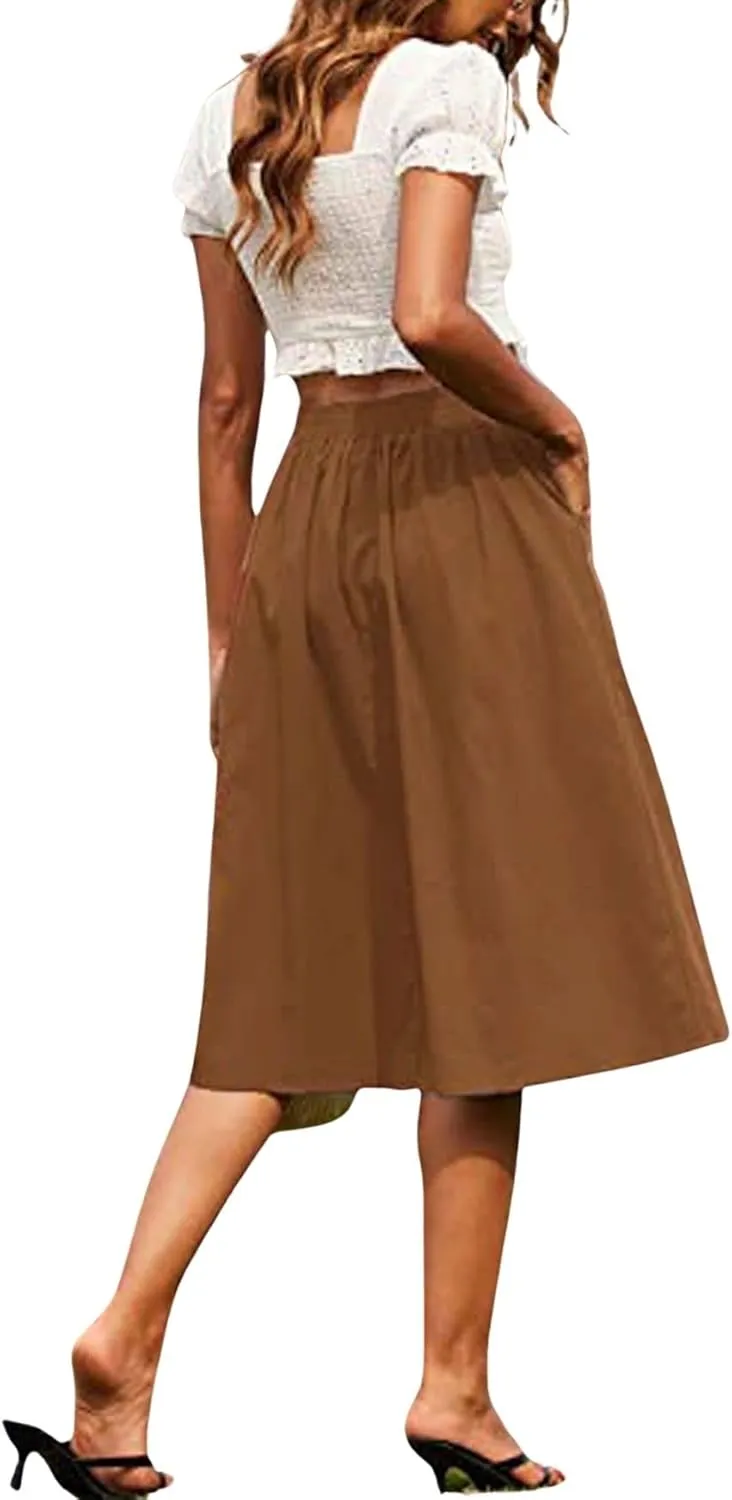 CHARTOU Women Elastic High Waisted Pleated Midi Skirt Button Front Flowy A Line Midi Skirt Knee Length Pockets