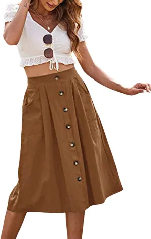 CHARTOU Women Elastic High Waisted Pleated Midi Skirt Button Front Flowy A Line Midi Skirt Knee Length Pockets