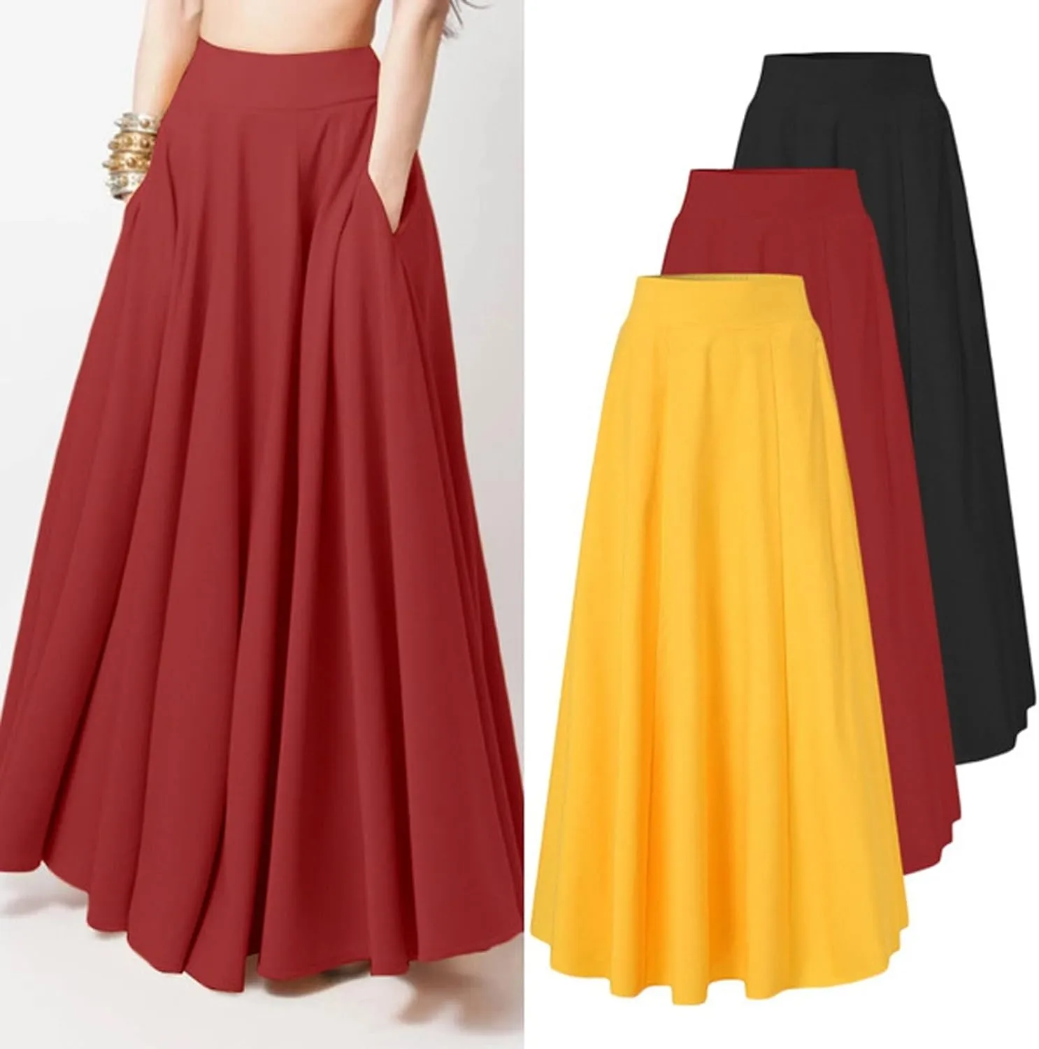 CHARTOU Women High Waisted Maxi Skirt Ruffle Pleated Long Flowy Skirt Boho Swing A Line Skirt with Pockets