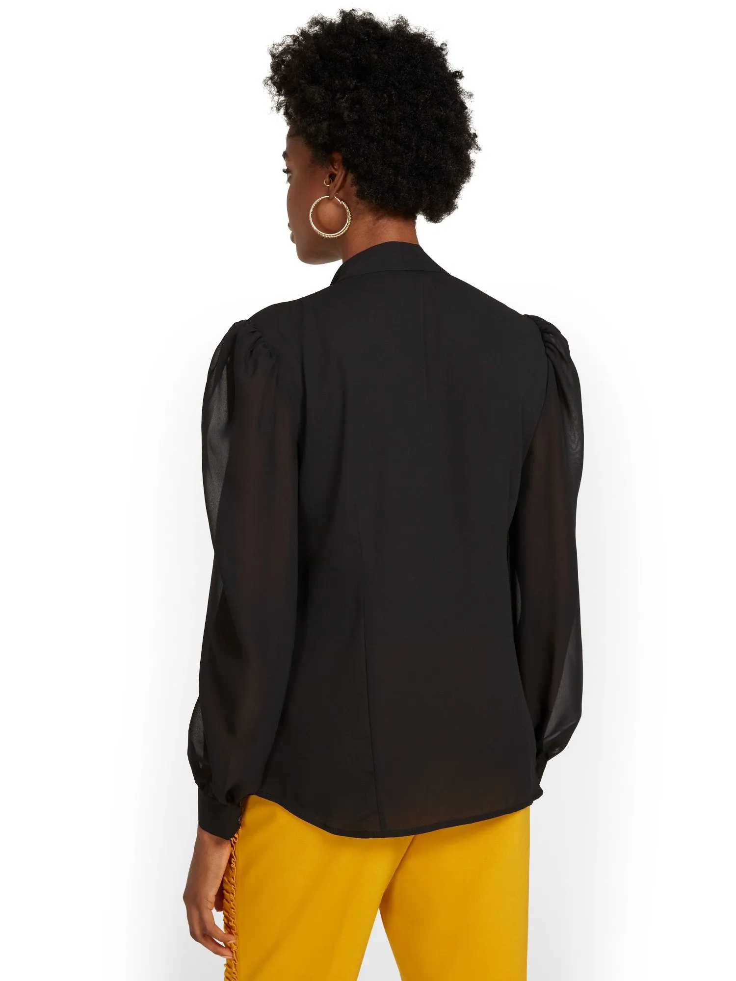 Chiffon-Sleeve Bow-Neck Blouse