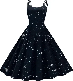 Christmas Dresses for Women 1950s Retro Vintage Spaghetti Strap Cocktail Rockabilly Floral Evening Swing Dress