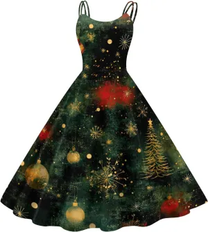 Christmas Dresses for Women 1950s Retro Vintage Spaghetti Strap Cocktail Rockabilly Floral Evening Swing Dress