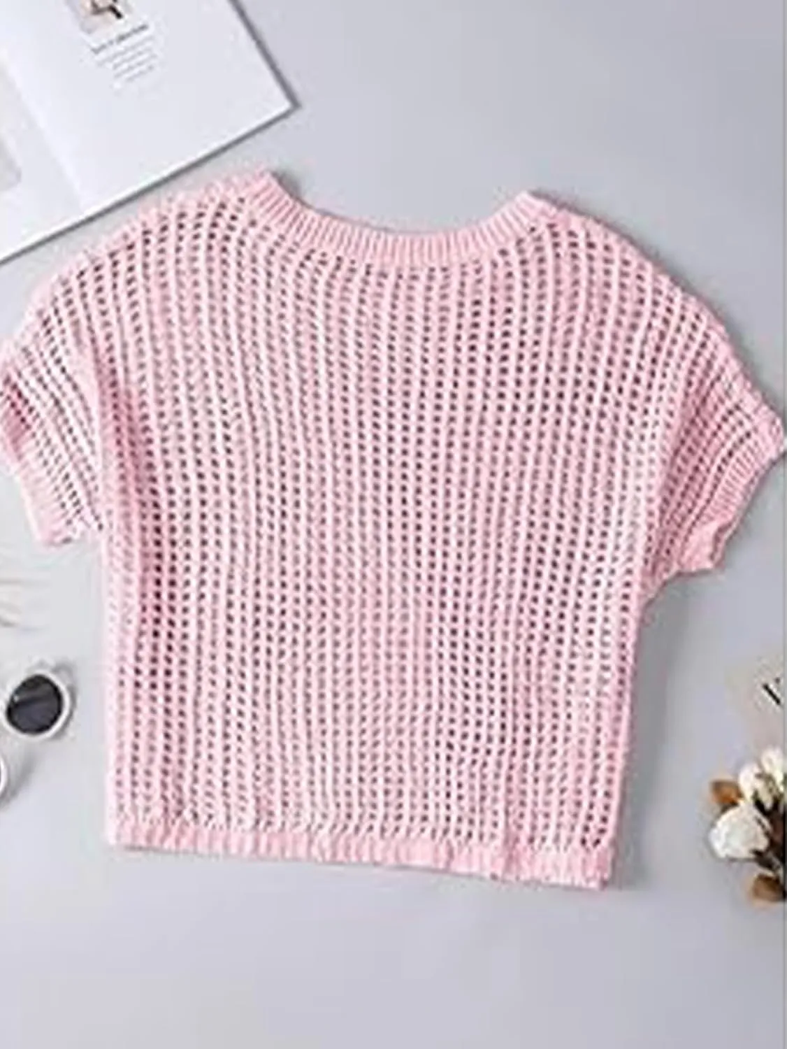 Chvity Women's Summer Crew Neck Short Sleeve Sweater Casual Off Shoulder Tops Hollow Out Crochet Coverups Pullover Knit Tops