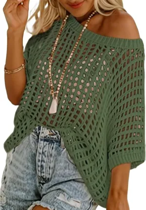 Chvity Women's Summer Crew Neck Short Sleeve Sweater Casual Off Shoulder Tops Hollow Out Crochet Coverups Pullover Knit Tops