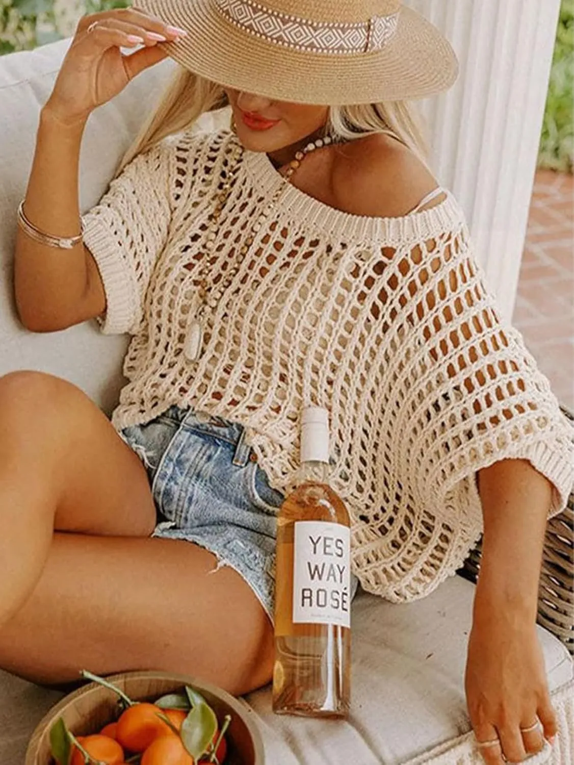 Chvity Women's Summer Crew Neck Short Sleeve Sweater Casual Off Shoulder Tops Hollow Out Crochet Coverups Pullover Knit Tops