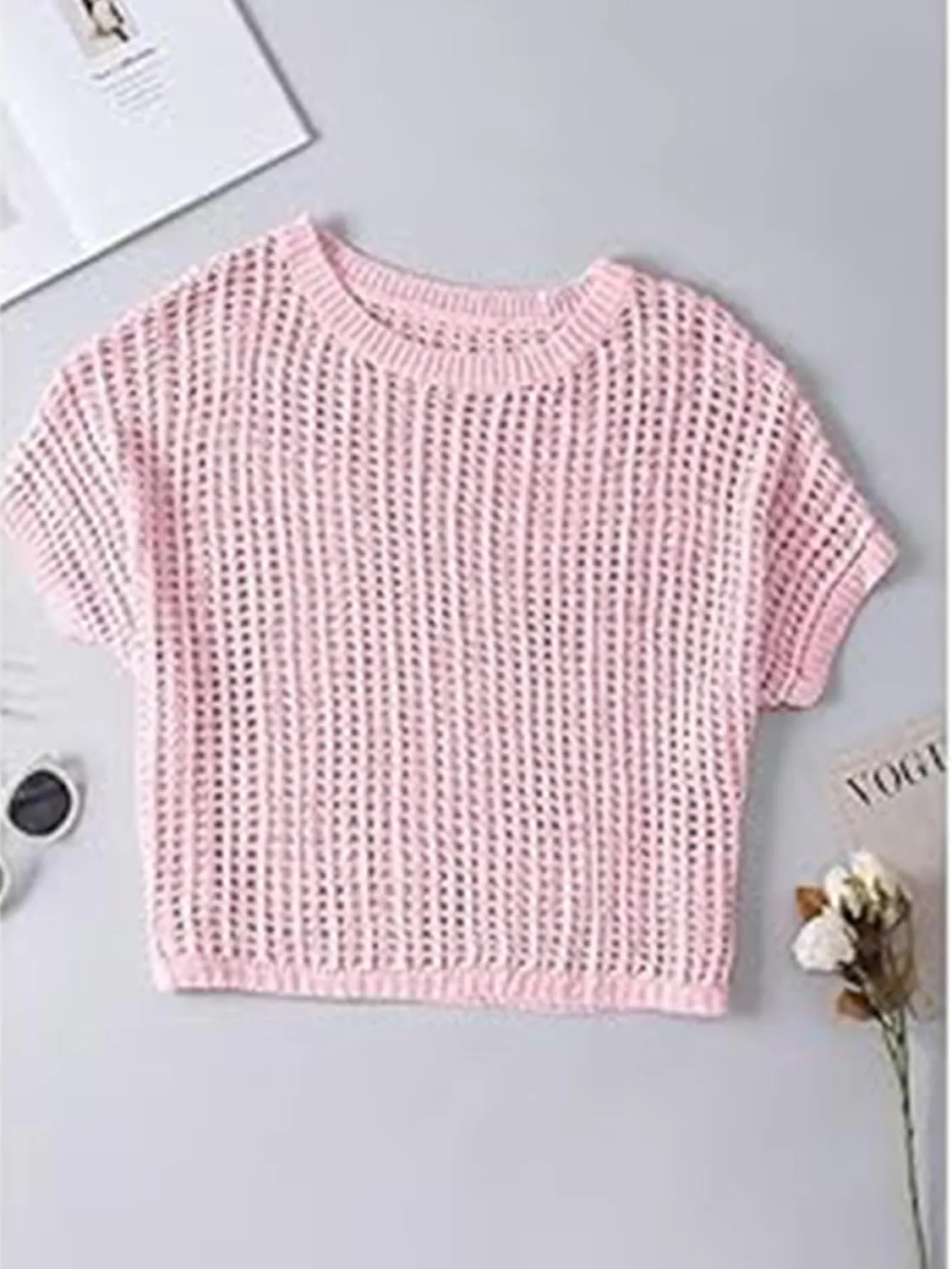 Chvity Women's Summer Crew Neck Short Sleeve Sweater Casual Off Shoulder Tops Hollow Out Crochet Coverups Pullover Knit Tops