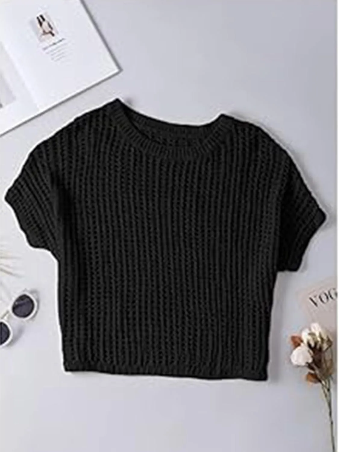 Chvity Women's Summer Crew Neck Short Sleeve Sweater Casual Off Shoulder Tops Hollow Out Crochet Coverups Pullover Knit Tops