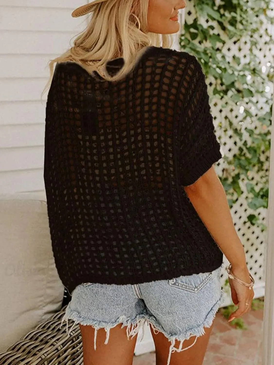 Chvity Women's Summer Crew Neck Short Sleeve Sweater Casual Off Shoulder Tops Hollow Out Crochet Coverups Pullover Knit Tops
