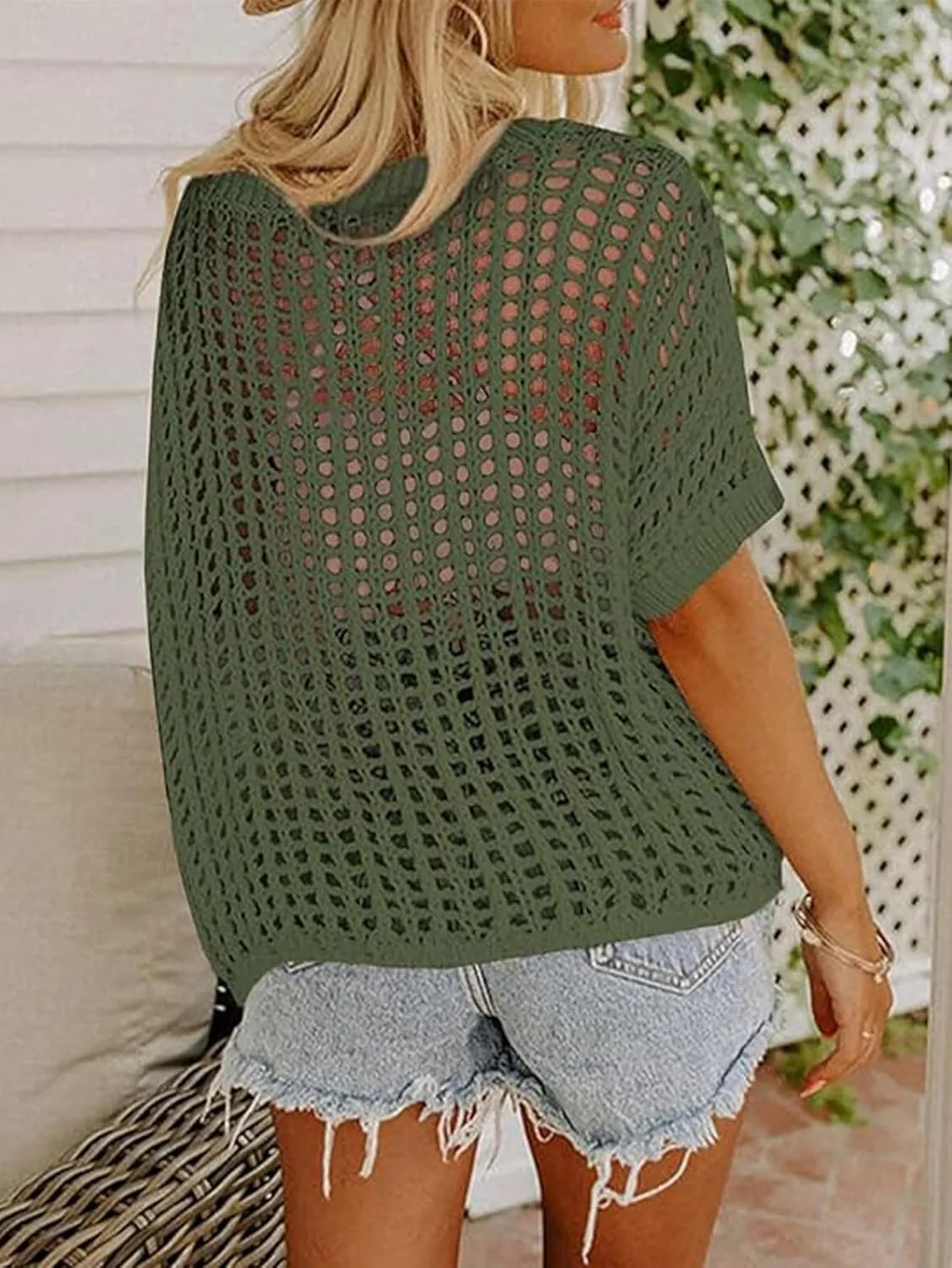 Chvity Women's Summer Crew Neck Short Sleeve Sweater Casual Off Shoulder Tops Hollow Out Crochet Coverups Pullover Knit Tops
