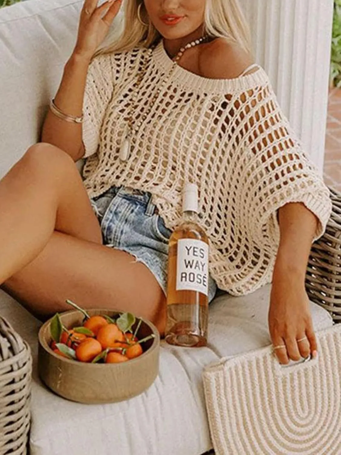 Chvity Women's Summer Crew Neck Short Sleeve Sweater Casual Off Shoulder Tops Hollow Out Crochet Coverups Pullover Knit Tops
