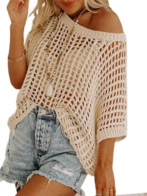 Chvity Women's Summer Crew Neck Short Sleeve Sweater Casual Off Shoulder Tops Hollow Out Crochet Coverups Pullover Knit Tops