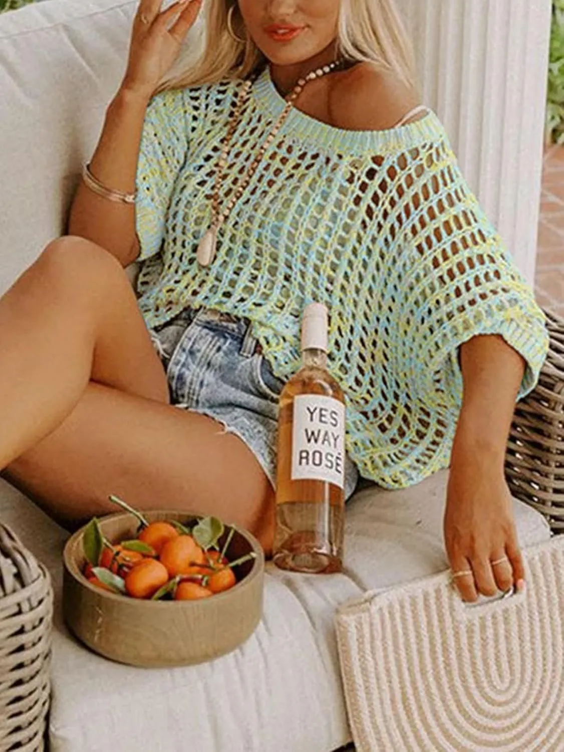 Chvity Women's Summer Crew Neck Short Sleeve Sweater Casual Off Shoulder Tops Hollow Out Crochet Coverups Pullover Knit Tops