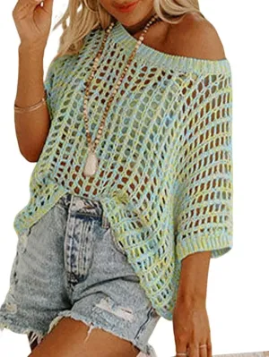 Chvity Women's Summer Crew Neck Short Sleeve Sweater Casual Off Shoulder Tops Hollow Out Crochet Coverups Pullover Knit Tops