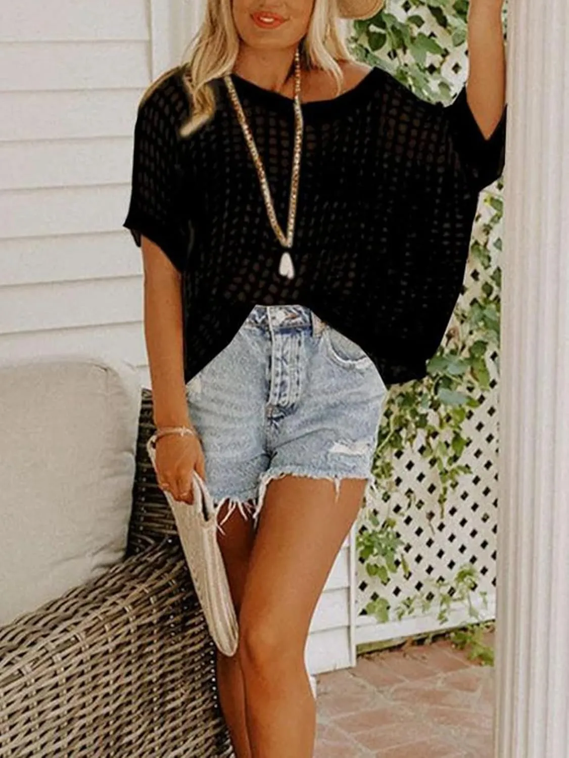 Chvity Women's Summer Crew Neck Short Sleeve Sweater Casual Off Shoulder Tops Hollow Out Crochet Coverups Pullover Knit Tops