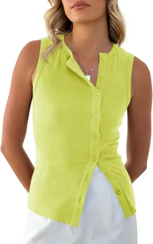Cicy Bell Womens Button Down Tank Tops Summer Sleeveless Vest Tops Trendy Ribbed Fitted Going Out Shirts