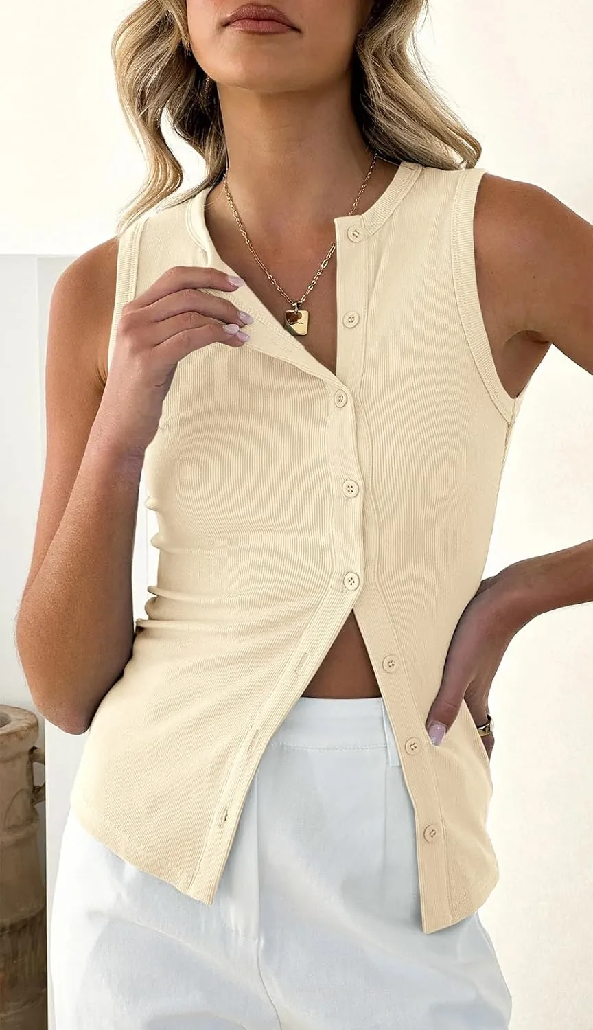 Cicy Bell Womens Button Down Tank Tops Summer Sleeveless Vest Tops Trendy Ribbed Fitted Going Out Shirts