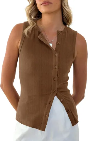 Cicy Bell Womens Button Down Tank Tops Summer Sleeveless Vest Tops Trendy Ribbed Fitted Going Out Shirts
