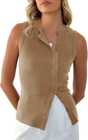 Cicy Bell Womens Button Down Tank Tops Summer Sleeveless Vest Tops Trendy Ribbed Fitted Going Out Shirts