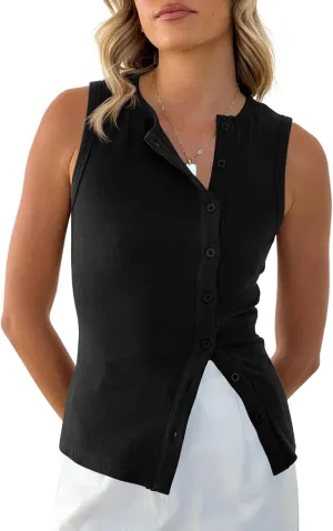 Cicy Bell Womens Button Down Tank Tops Summer Sleeveless Vest Tops Trendy Ribbed Fitted Going Out Shirts