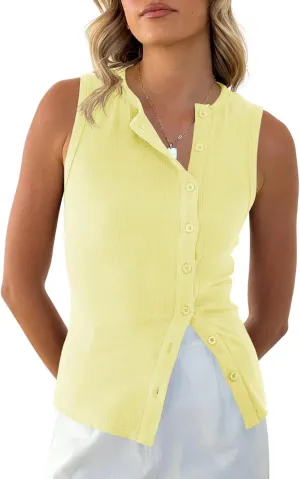 Cicy Bell Womens Button Down Tank Tops Summer Sleeveless Vest Tops Trendy Ribbed Fitted Going Out Shirts