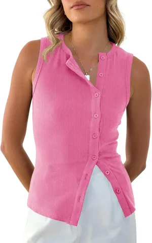 Cicy Bell Womens Button Down Tank Tops Summer Sleeveless Vest Tops Trendy Ribbed Fitted Going Out Shirts