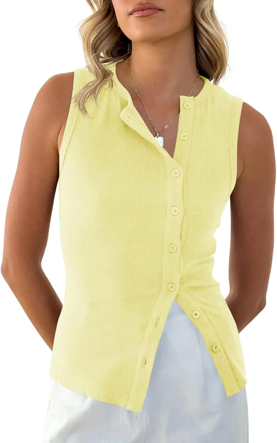 Cicy Bell Womens Button Down Tank Tops Summer Sleeveless Vest Tops Trendy Ribbed Fitted Going Out Shirts