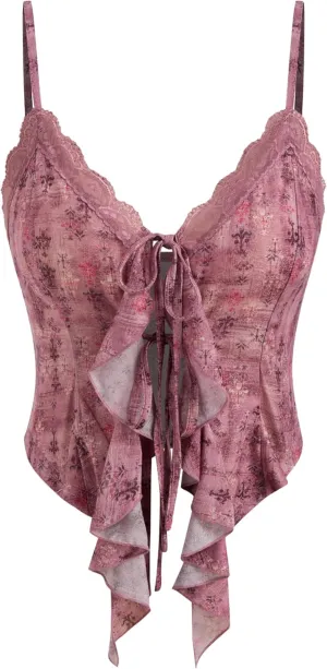 CIDER Going Out Tops for Women Y2K Tie Front Asymmetrical Ruffle Hem Lace Spaghetti Strap Cowgirl Crop Tops