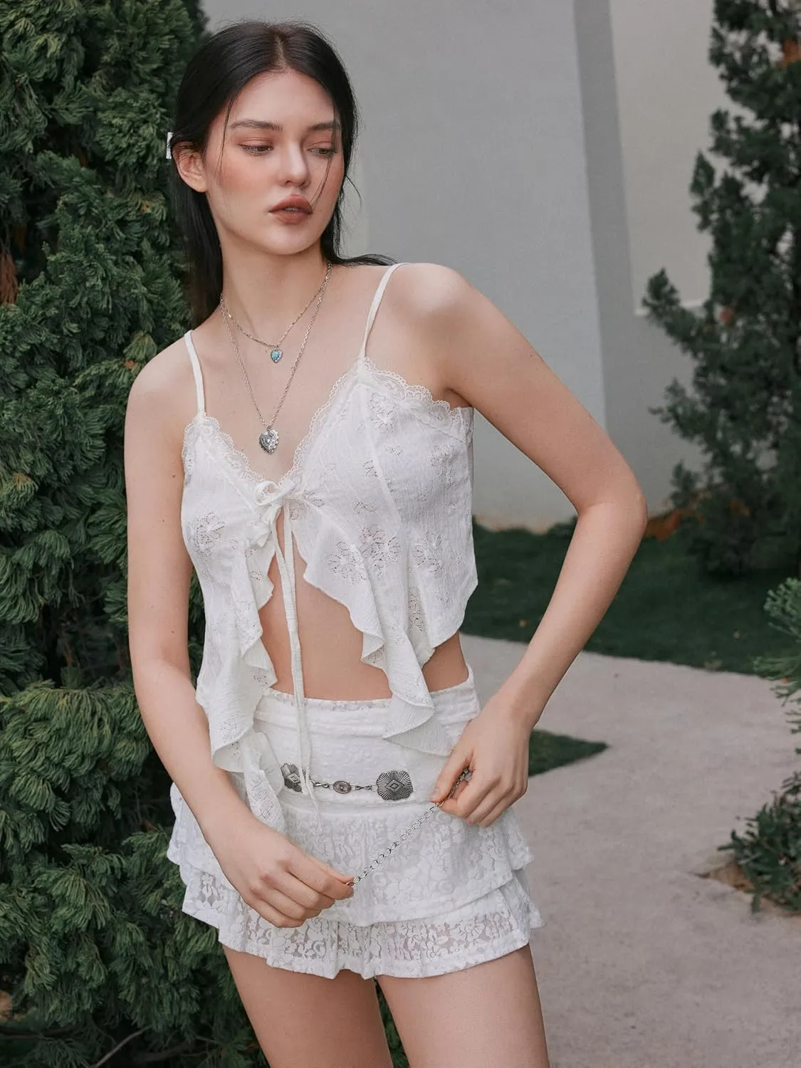 CIDER Going Out Tops for Women Y2K Tie Front Asymmetrical Ruffle Hem Lace Spaghetti Strap Cowgirl Crop Tops