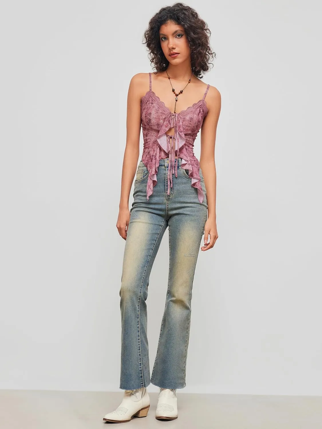 CIDER Going Out Tops for Women Y2K Tie Front Asymmetrical Ruffle Hem Lace Spaghetti Strap Cowgirl Crop Tops