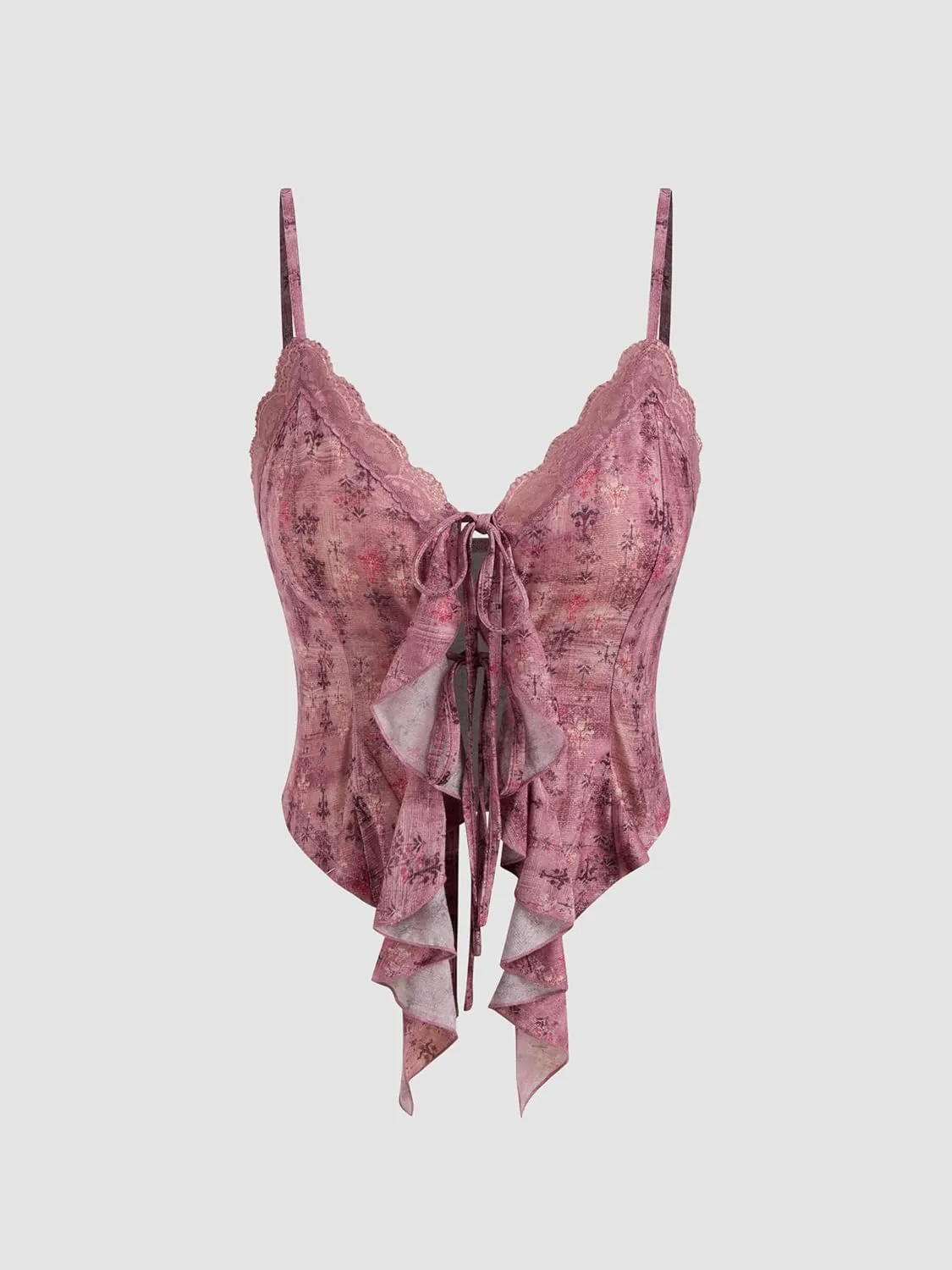 CIDER Going Out Tops for Women Y2K Tie Front Asymmetrical Ruffle Hem Lace Spaghetti Strap Cowgirl Crop Tops