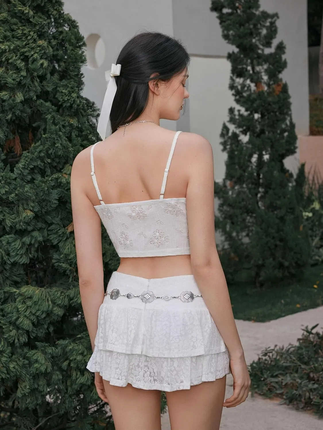 CIDER Going Out Tops for Women Y2K Tie Front Asymmetrical Ruffle Hem Lace Spaghetti Strap Cowgirl Crop Tops