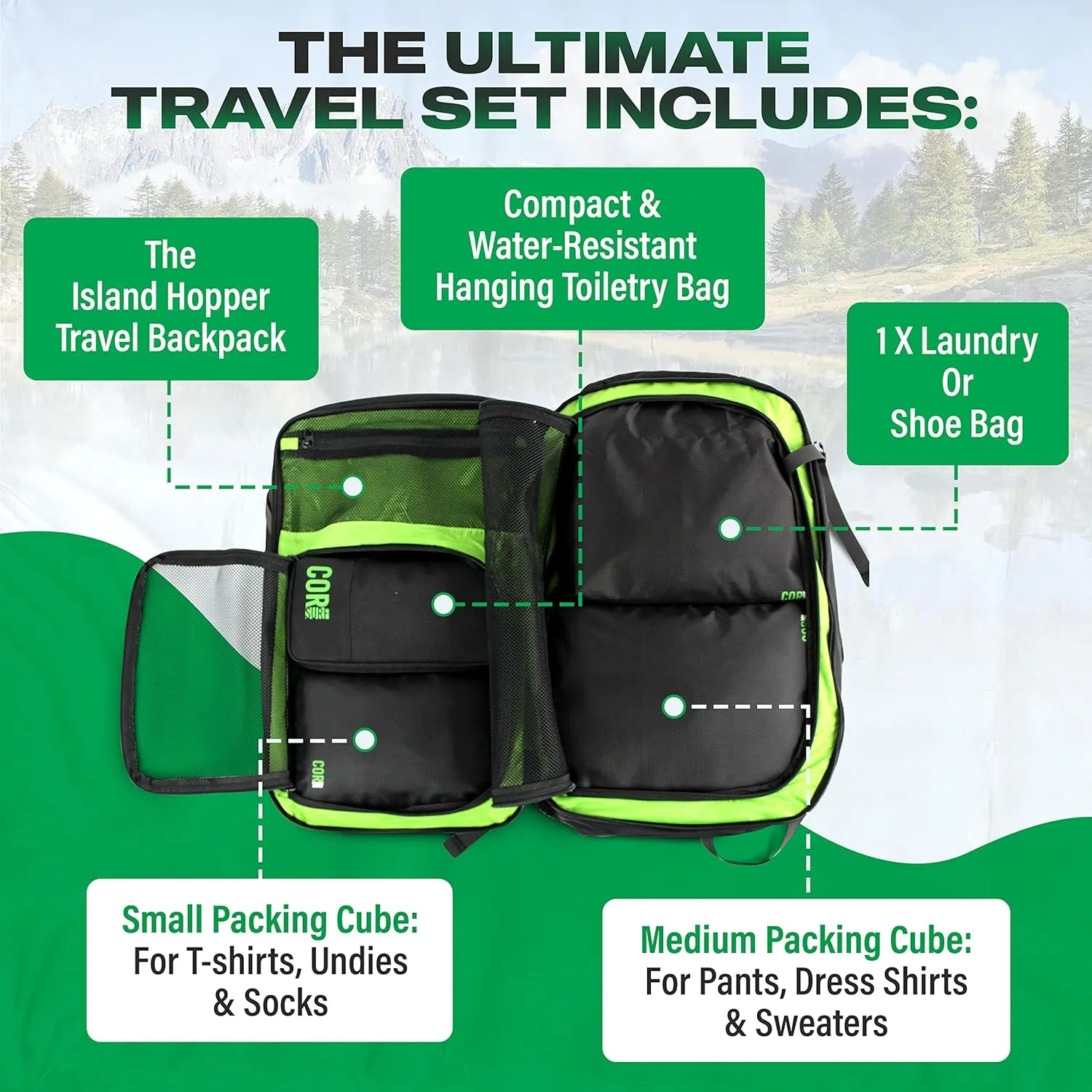 COR Surf Carry On Travel Backpack Bundle | Island Hopper Travel Backpack with Toiletry Bag and Compression Packing Cube Set (28L, Black)