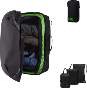 COR Surf Carry On Travel Backpack Bundle | Island Hopper Travel Backpack with Toiletry Bag and Compression Packing Cube Set (28L, Black)