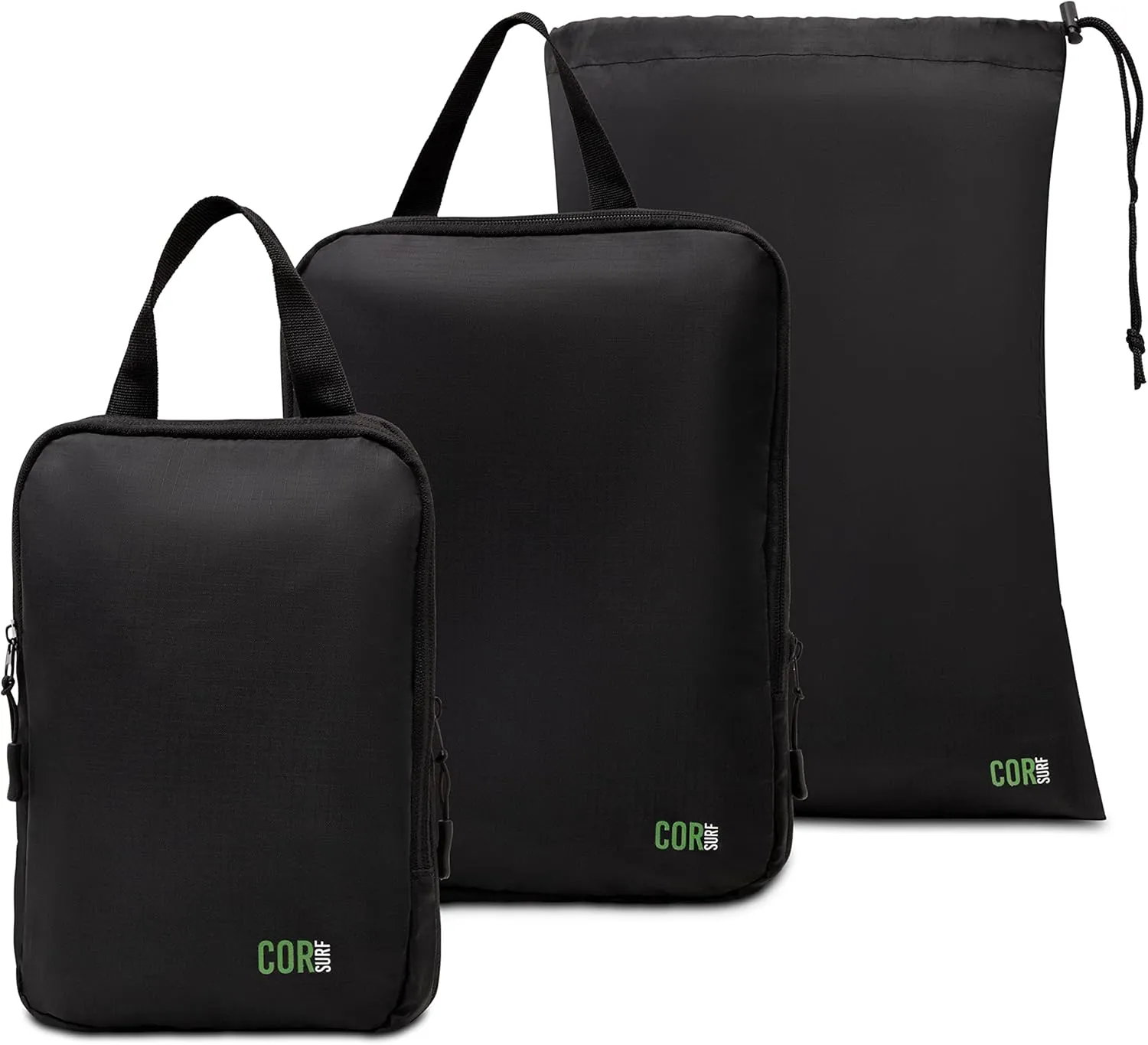 COR Surf Carry On Travel Backpack Bundle | Island Hopper Travel Backpack with Toiletry Bag and Compression Packing Cube Set (28L, Black)