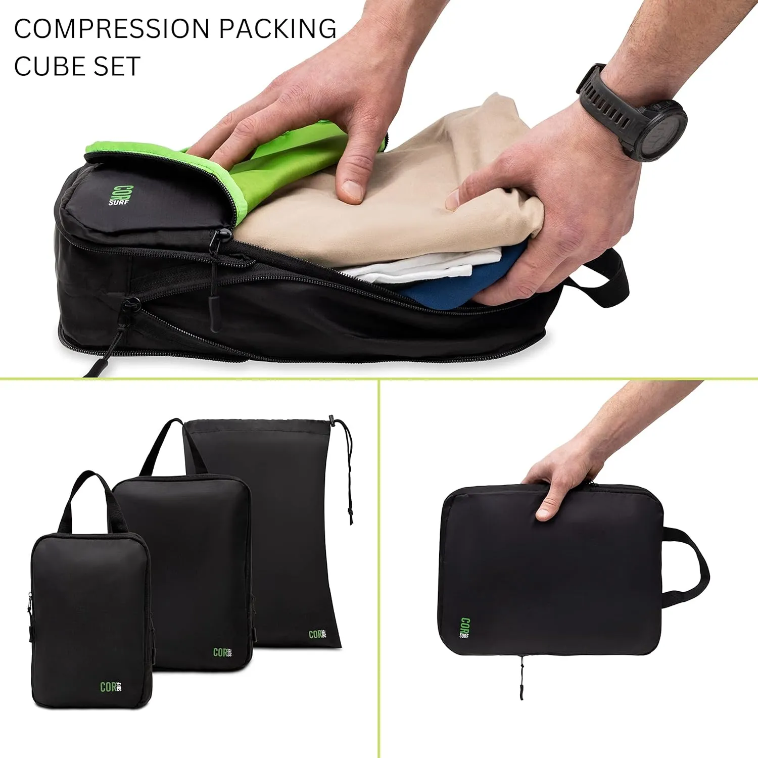COR Surf Carry On Travel Backpack Bundle | Island Hopper Travel Backpack with Toiletry Bag and Compression Packing Cube Set (28L, Green)