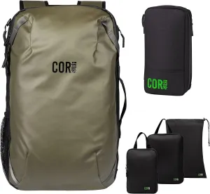 COR Surf Carry On Travel Backpack Bundle | Island Hopper Travel Backpack with Toiletry Bag and Compression Packing Cube Set (28L, Green)