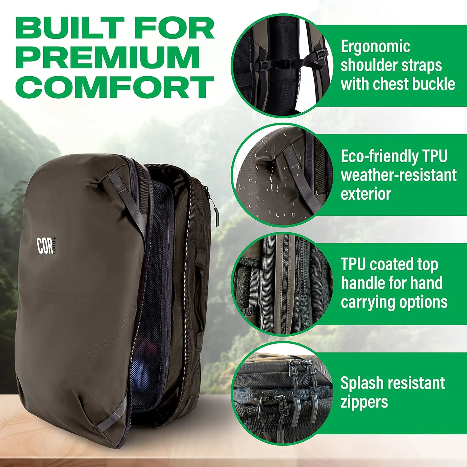 COR Surf Carry On Travel Backpack Bundle | Island Hopper Travel Backpack with Toiletry Bag and Compression Packing Cube Set (28L, Green)