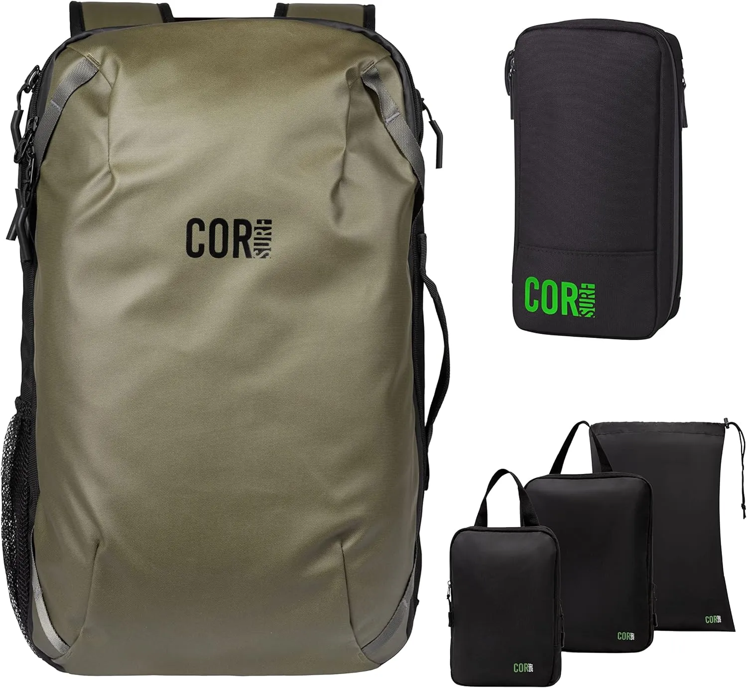 COR Surf Carry On Travel Backpack Bundle | Island Hopper Travel Backpack with Toiletry Bag and Compression Packing Cube Set (28L, Green)