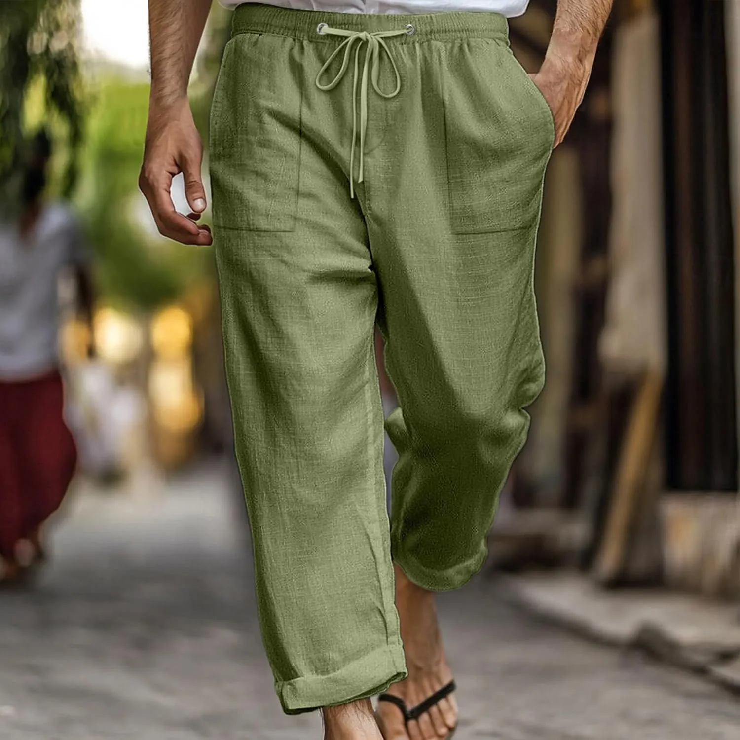 Cotton Linen Pants for Men Drawstring Elastic Waist Yoga Pants Summer Breathable Travel Casual Trousers with Pockets