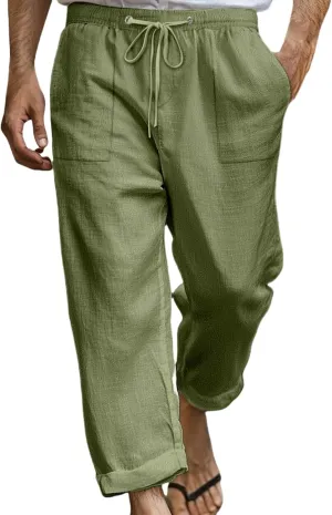 Cotton Linen Pants for Men Drawstring Elastic Waist Yoga Pants Summer Breathable Travel Casual Trousers with Pockets