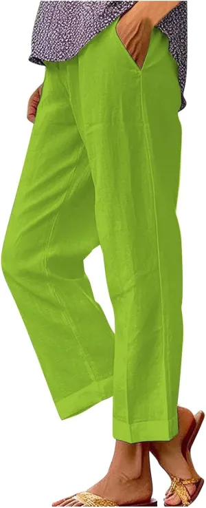 Cotton Linen Pants Women Summer Elastic Waist Palazzo Pants Plus Size Straight Leg Slack Casual Trouser with Pockets