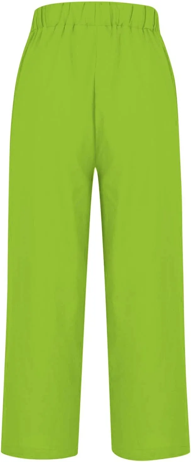 Cotton Linen Pants Women Summer Elastic Waist Palazzo Pants Plus Size Straight Leg Slack Casual Trouser with Pockets