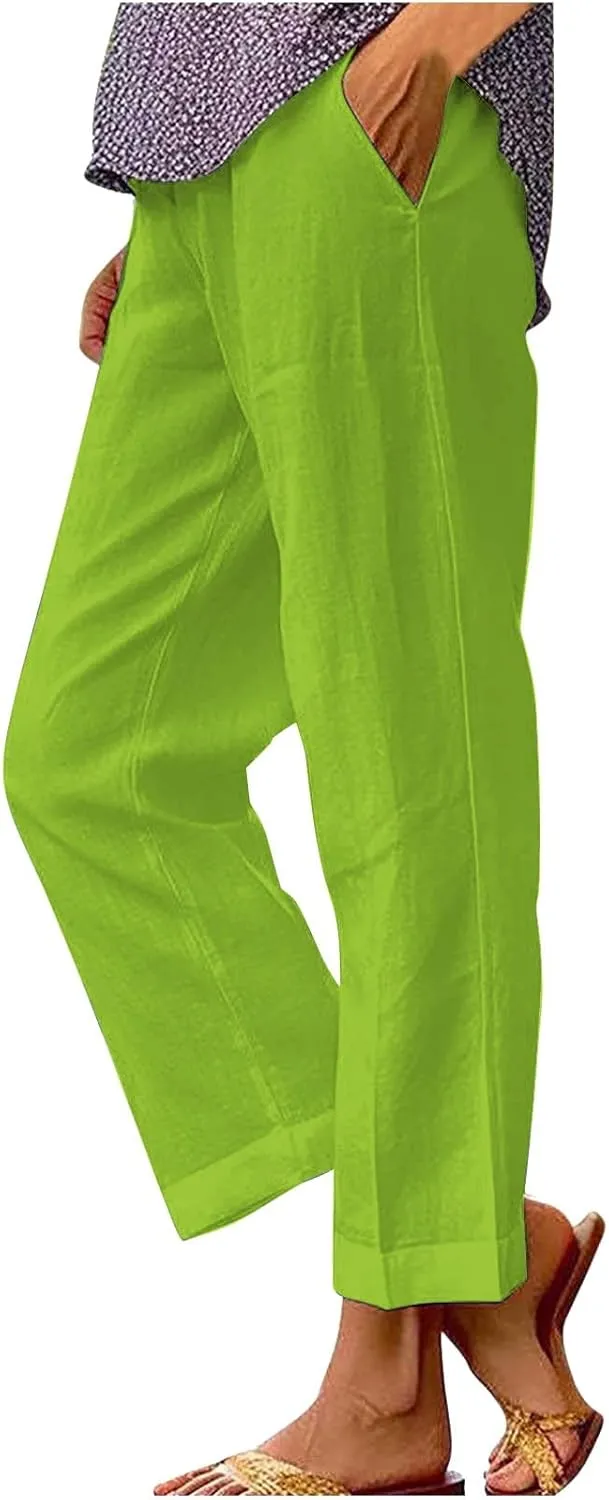 Cotton Linen Pants Women Summer Elastic Waist Palazzo Pants Plus Size Straight Leg Slack Casual Trouser with Pockets